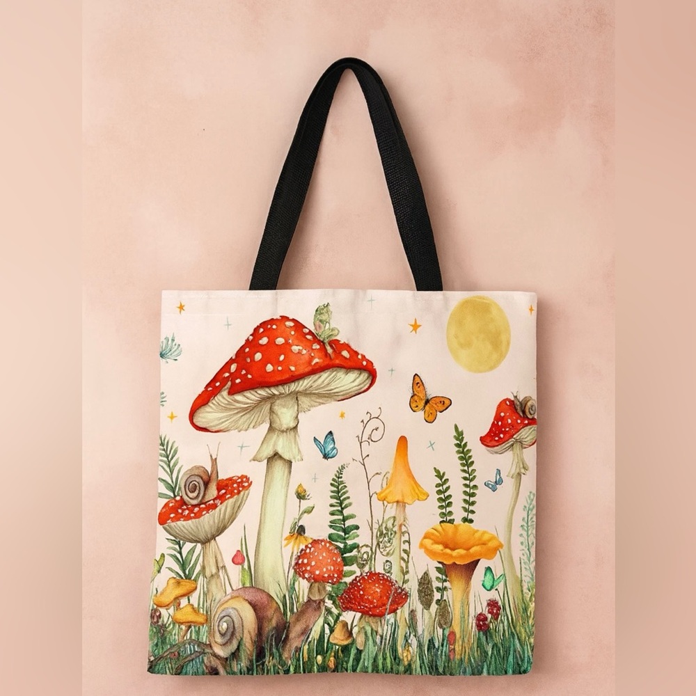 Whimsical Mushroom Forest Linen Tote Bag - Reusable Shopping Bag. New!